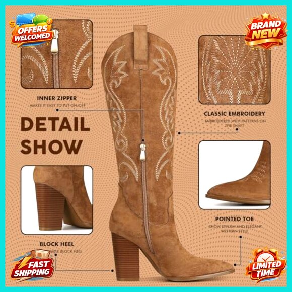 Knee High Cowboy Boots Pointed Toe Chunky Heel Pull-on Embroidered Western Wide - Picture 5 of 7
